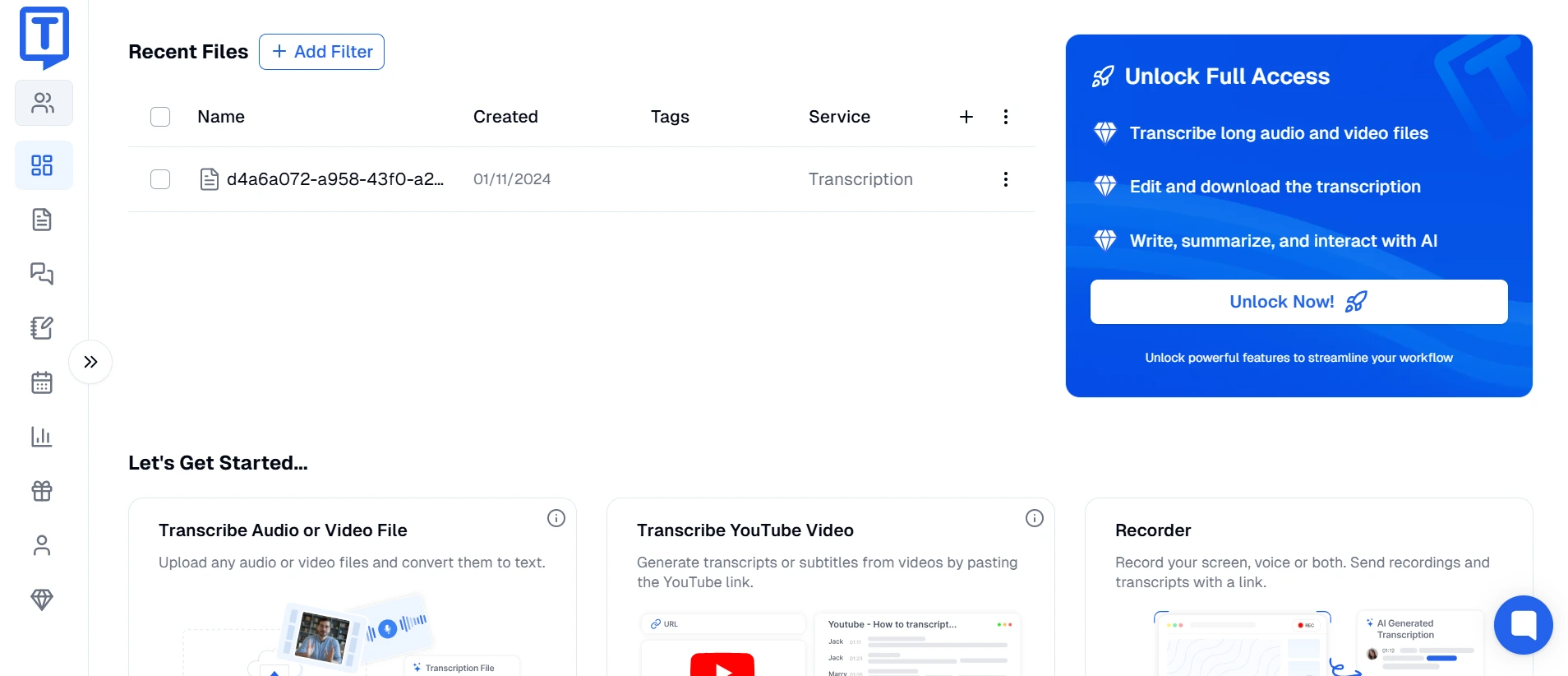 Transkriptor interface screenshot