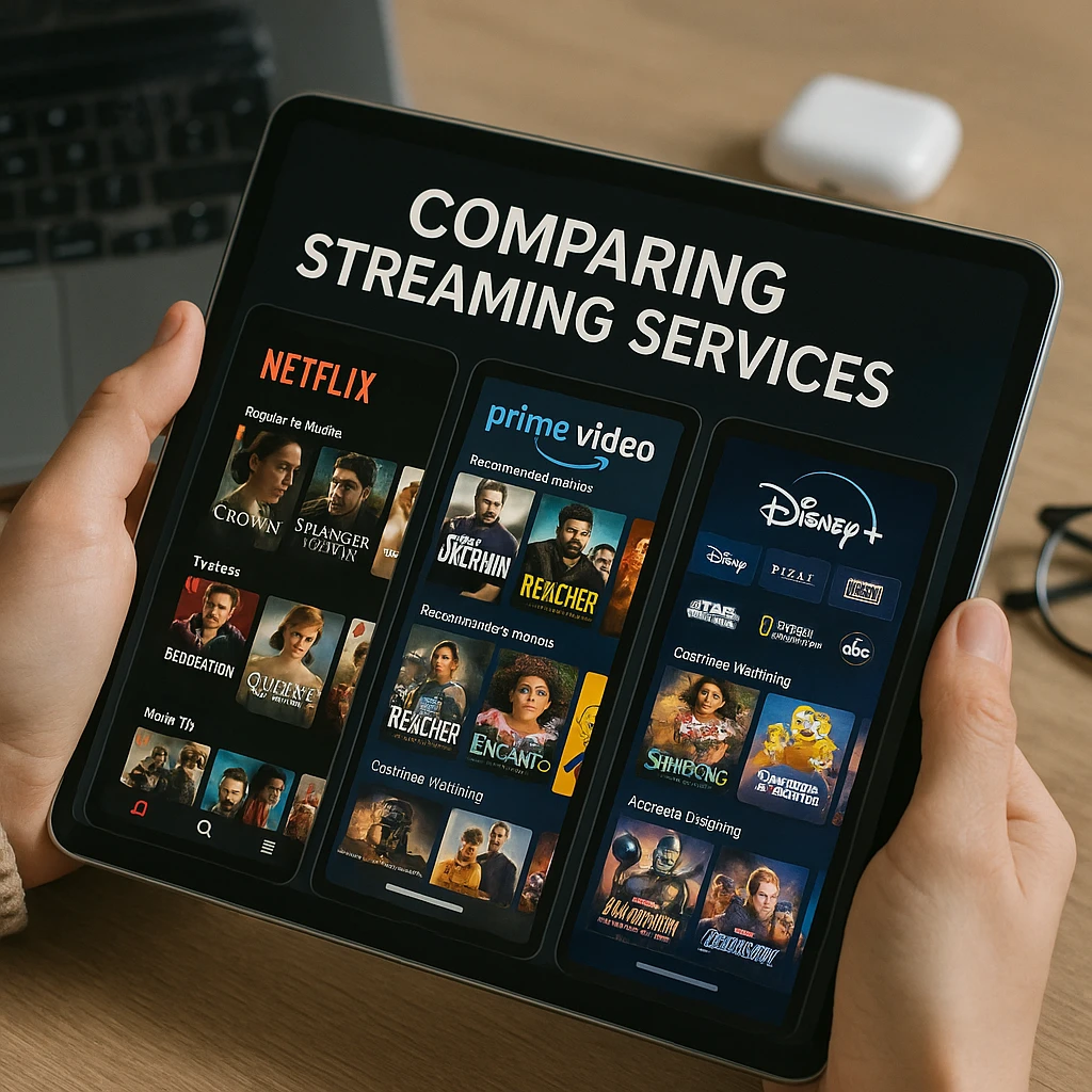 Modern living room with multiple screens showing different streaming services and content libraries