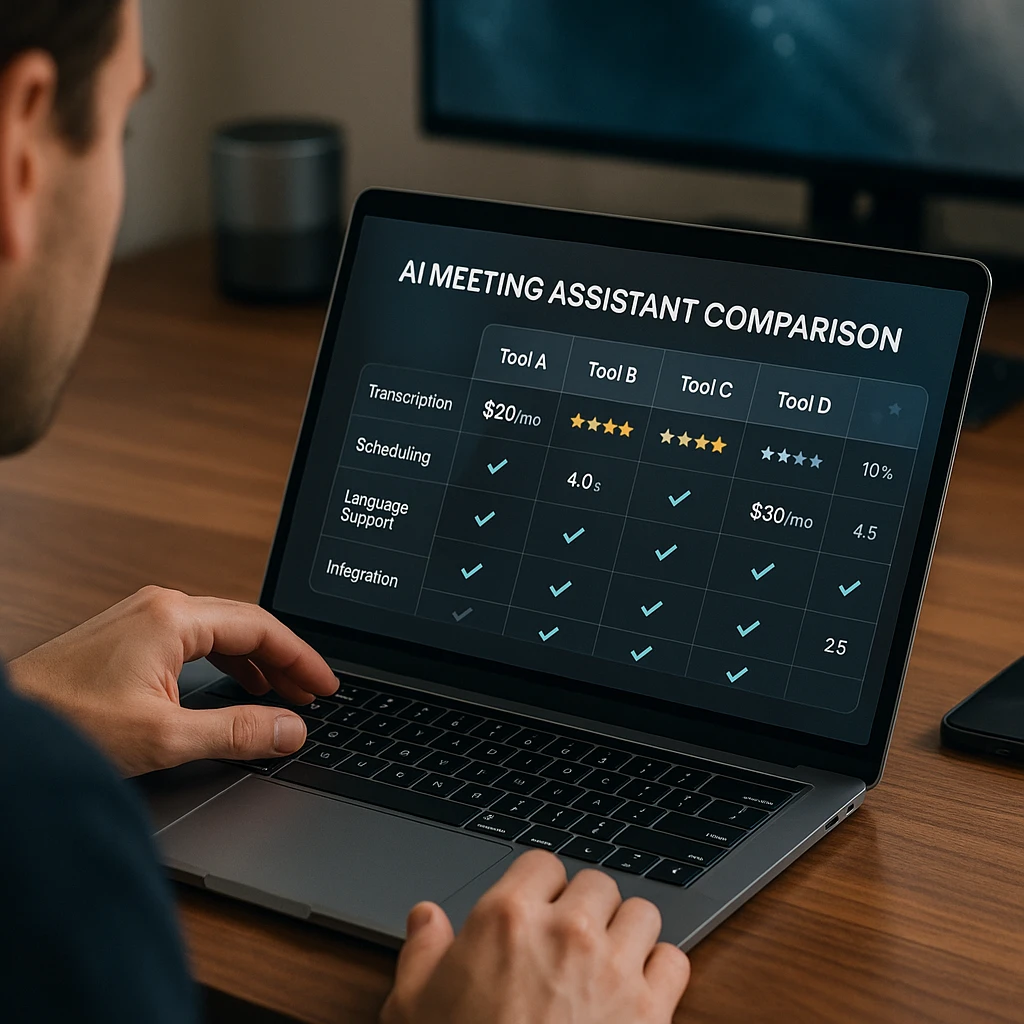 AI meeting assistant comparison table showing different tools and features, modern dashboard with ratings and pricing information