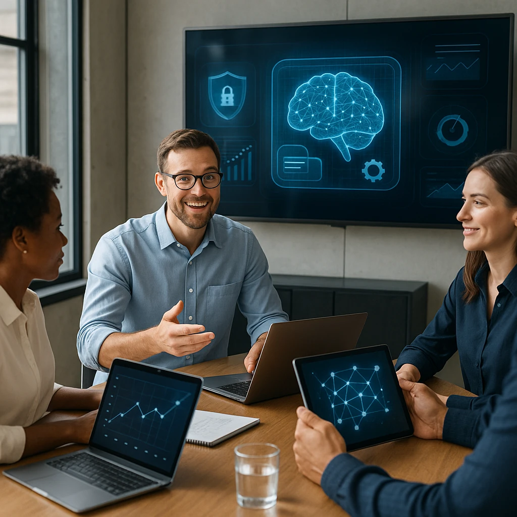 Modern business meeting room with diverse professionals around a conference table, natural lighting, charts and graphs on screen
