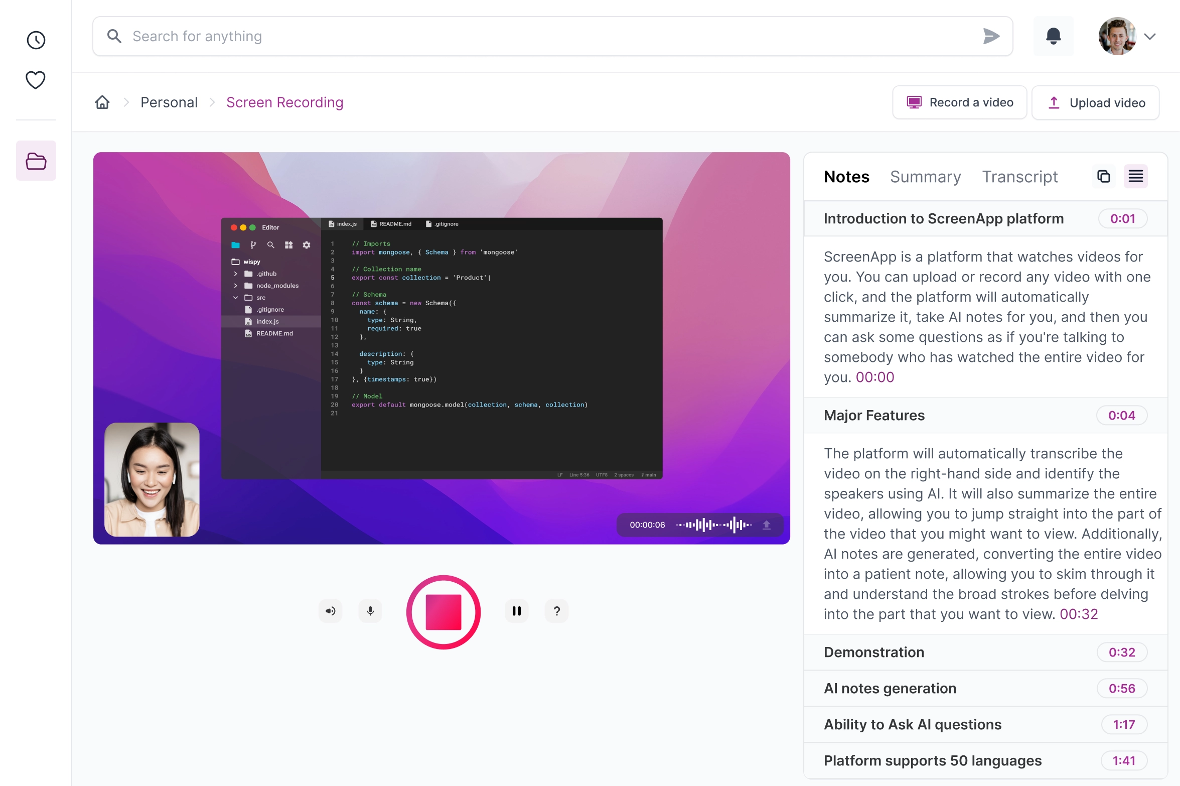 The ScreenApp dashboard showing an AI-powered transcript next to a recorded video.