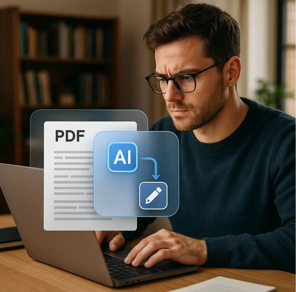 Step-by-step guide showing AI PDF editing workflow from upload to final output