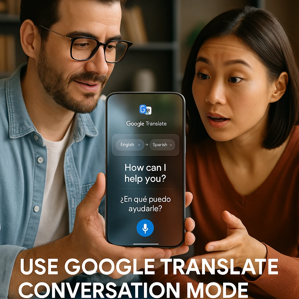 Google Translate conversation mode interface showing real-time voice translation between English and Spanish