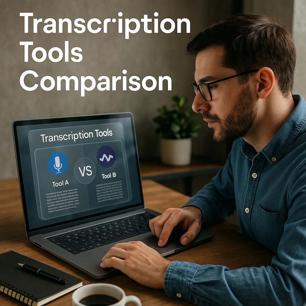 Professional workspace showing different audio transcription software interfaces