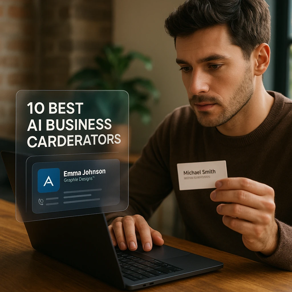 Modern workspace showing AI business card design interface with professional templates and design tools