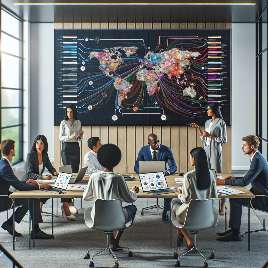 Professional team collaborating on business mind maps using AI tools in modern office environment