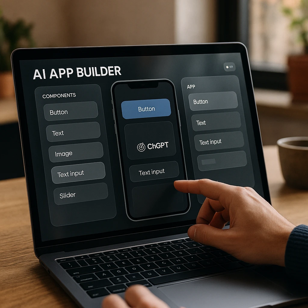 Modern AI app builder dashboard interface showing drag-and-drop components, visual workflow design, and multi-device preview capabilities