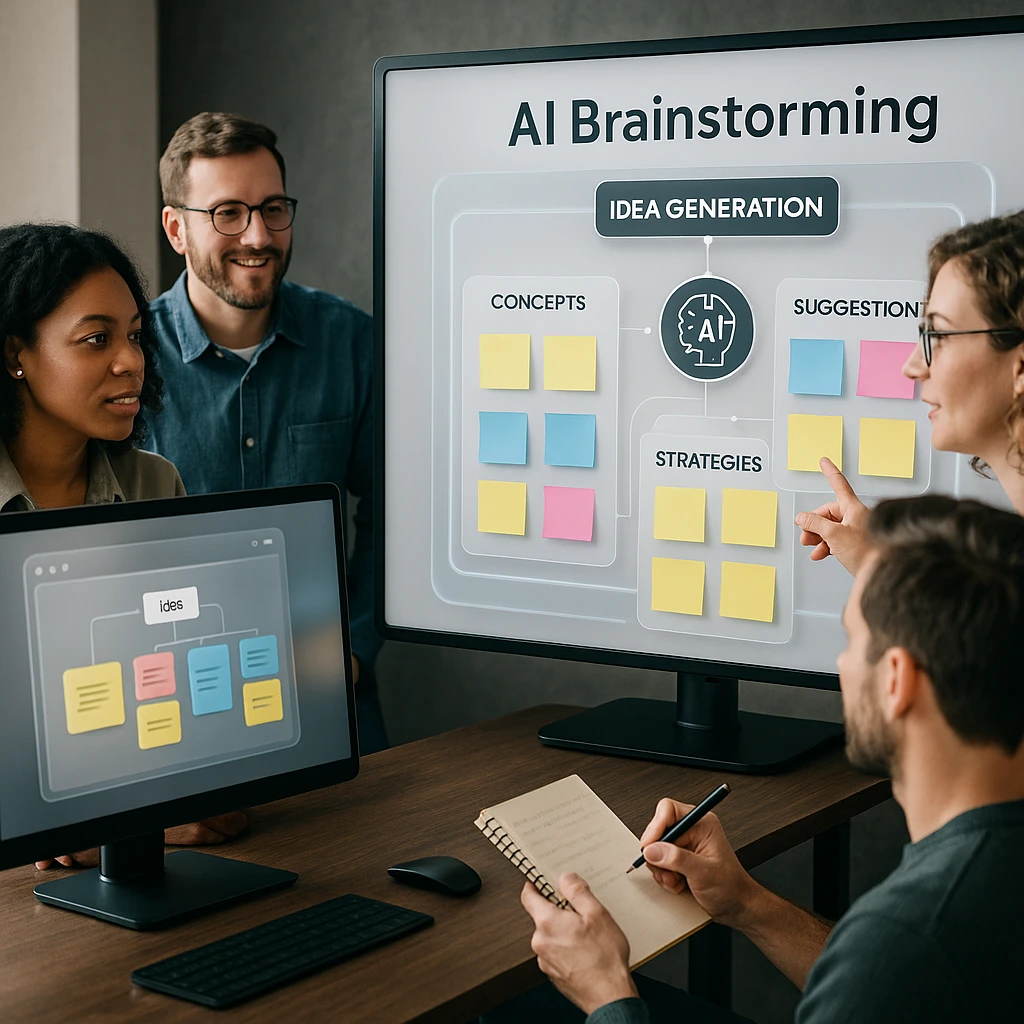 Professional team using AI-powered brainstorming tools with digital whiteboards, sticky notes, and intelligent idea organization