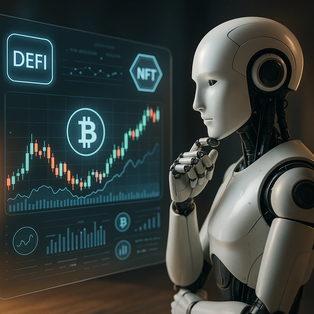AI crypto trading dashboard with charts, bots, and Bitcoin/Ethereum icons in a modern interface