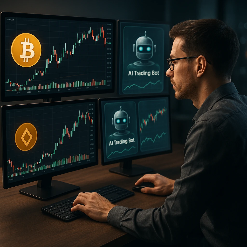 AI agent robot analyzing crypto market data on a futuristic screen, with DeFi and NFT icons