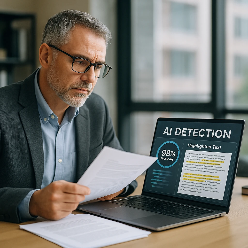 Modern university professor reviewing student papers with AI detection software on laptop screen showing accuracy metrics and highlighted text analysis