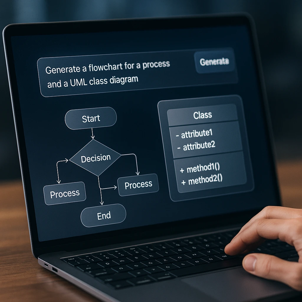 AI diagram generation interface showing flowcharts and UML diagrams being created from text input, modern glassmorphic design with floating diagram elements