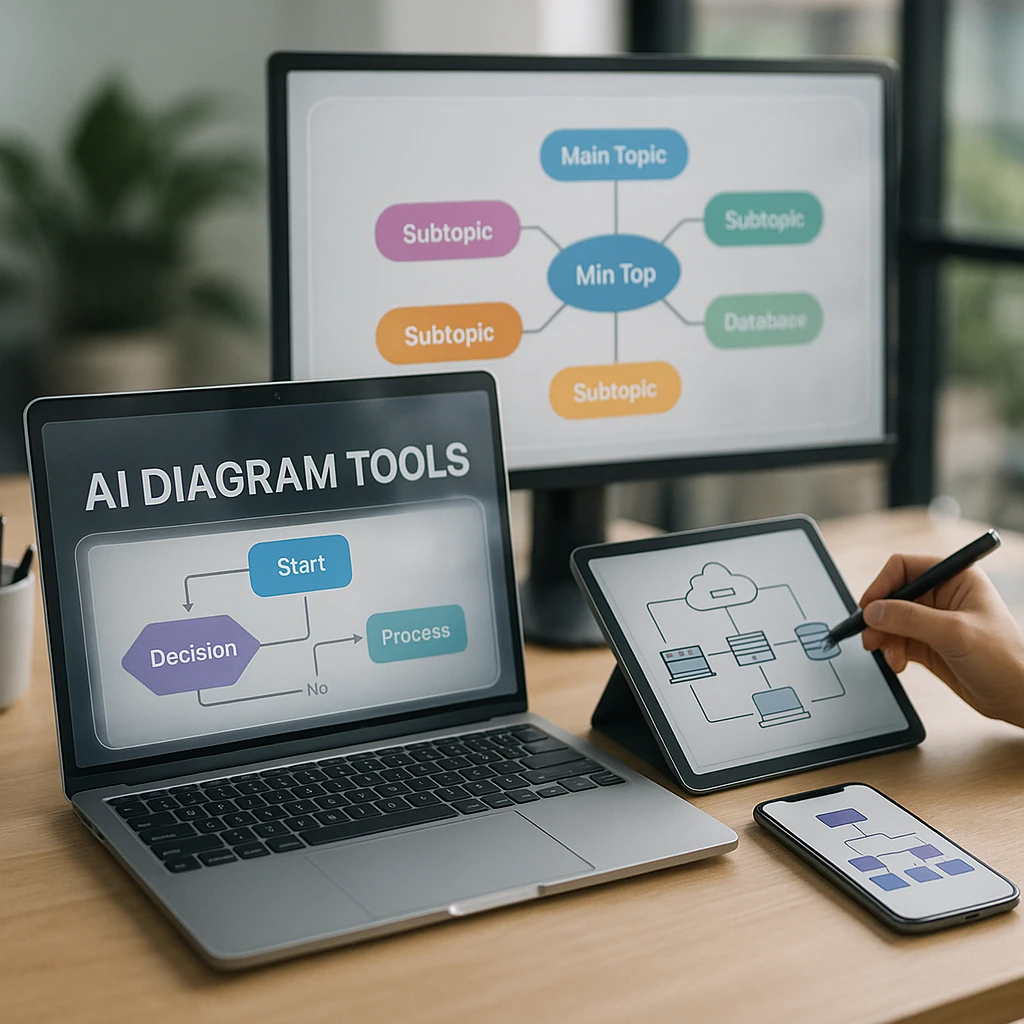 Multiple AI diagram tools displayed on various devices and screens, collaborative workspace with flowcharts, mind maps, and technical diagrams, modern tech aesthetic with glassmorphic design