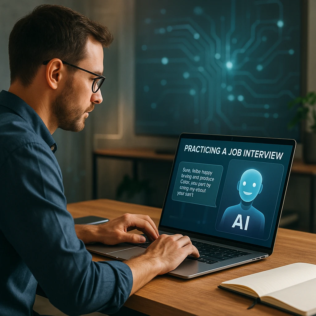 Professional person practicing job interview with AI assistant on laptop