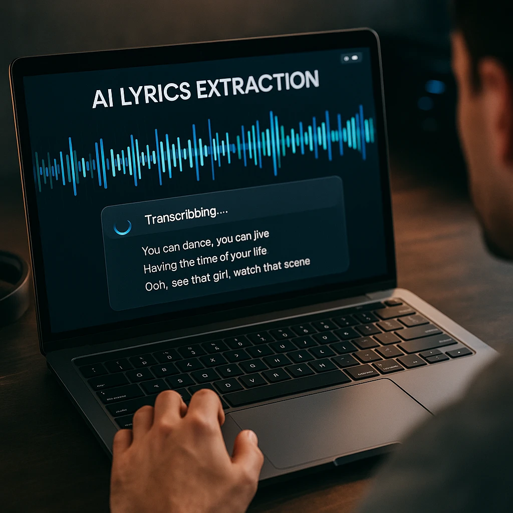 Modern AI lyrics extraction interface showing real-time transcription process