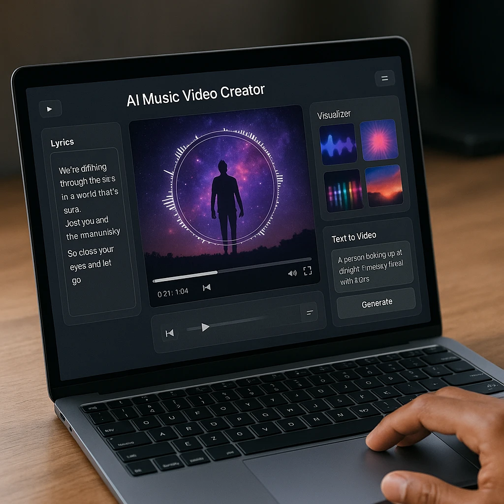AI music video generator interface showing lyric extraction and visualizer options