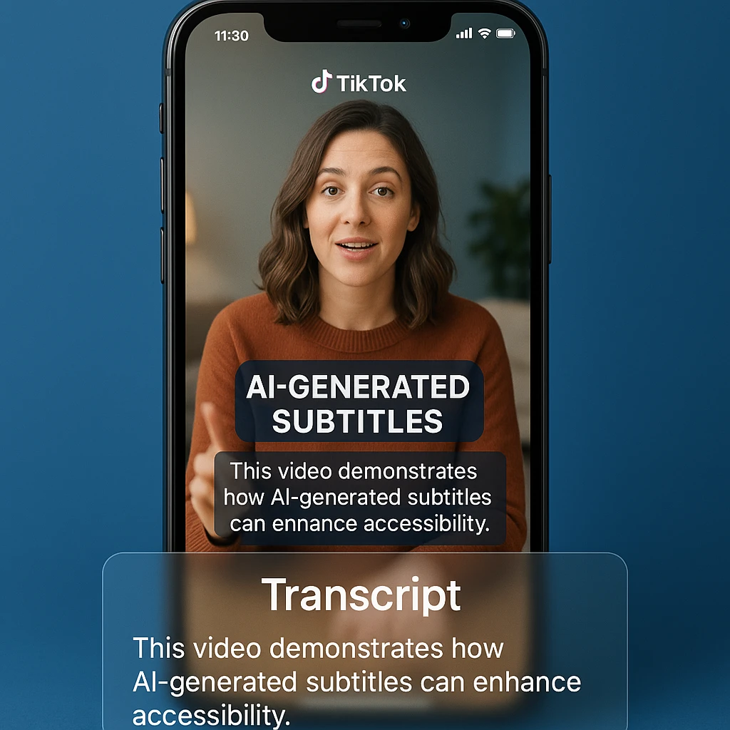 A modern smartphone displaying TikTok app interface with AI-generated subtitles and transcript text overlaying the video content, clean and professional design with blue gradient background