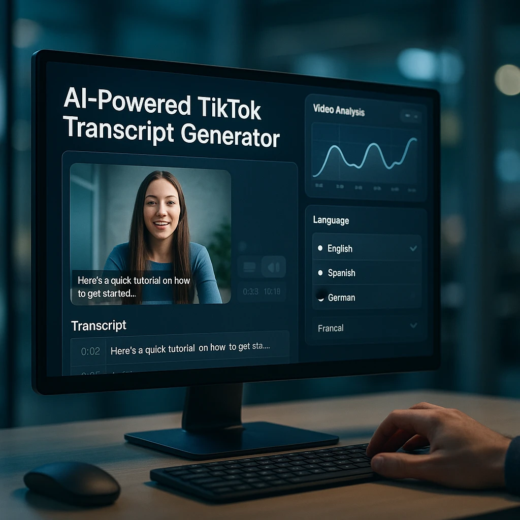 AI-powered TikTok transcript generator interface showing real-time subtitle generation, video analysis dashboard, and multilingual transcription features in a futuristic digital workspace