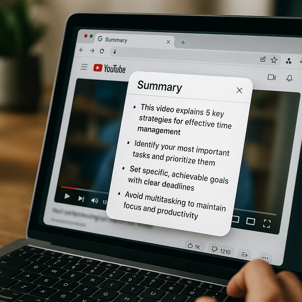 Chrome extension interface showing YouTube summary