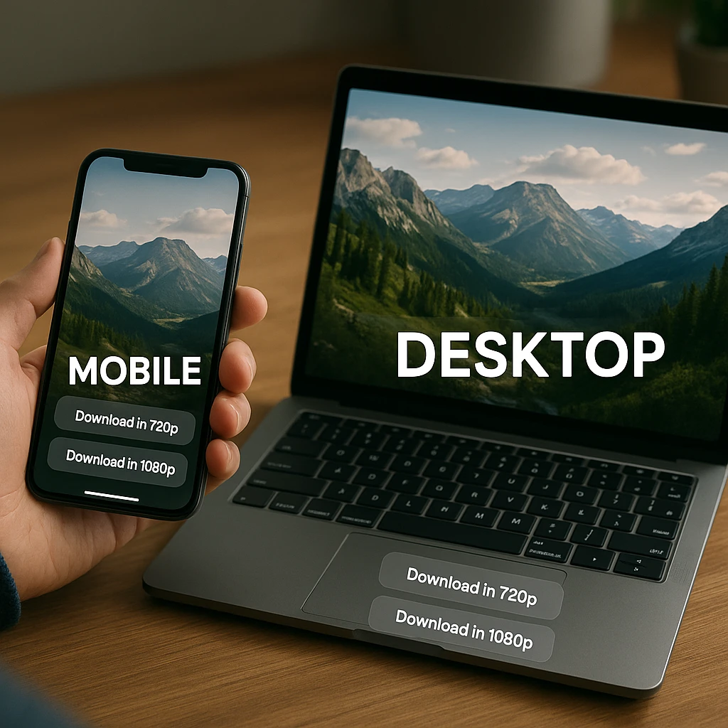 Side-by-side comparison of mobile vs desktop video quality showing 720p and 1080p download options