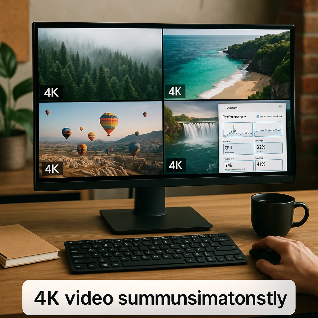 Professional desktop setup showing multiple 4K video players running simultaneously on Windows PC with performance monitors