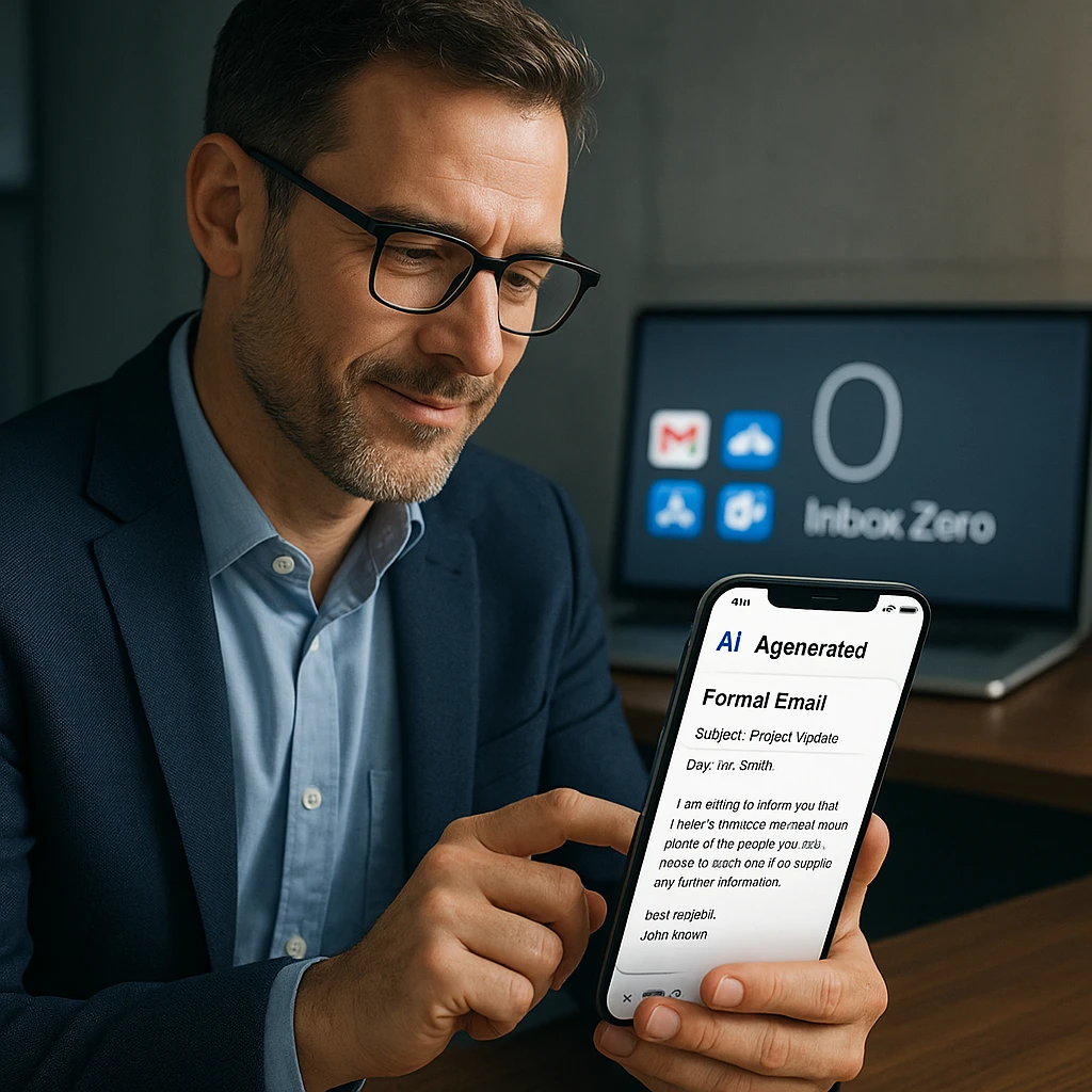 Business professional reviewing AI-generated formal email on smartphone