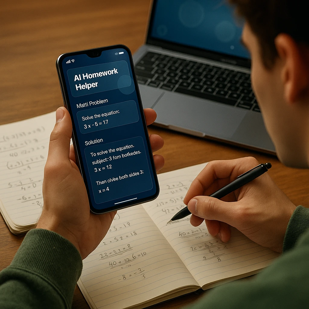 Student testing AI homework helper apps on smartphone with math problems and handwritten notes