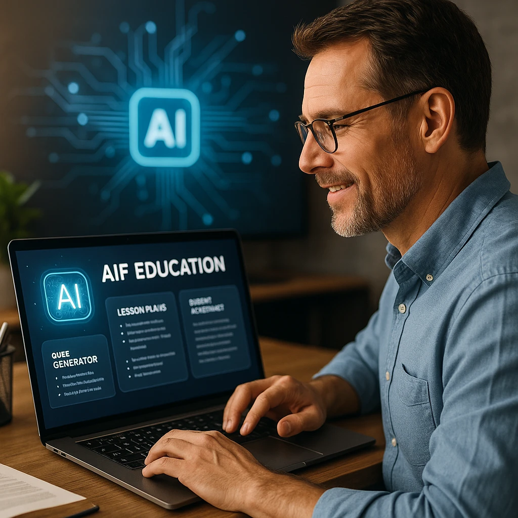 Teacher using AI education interface on laptop with lesson planning tools and interactive educational elements displayed on screen