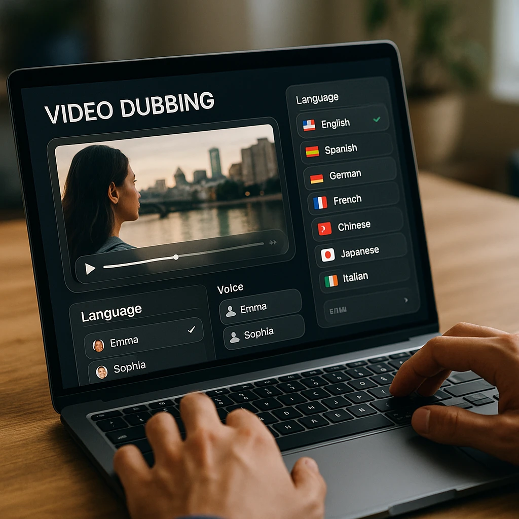 Video dubbing interface showing multiple language options and voice selection