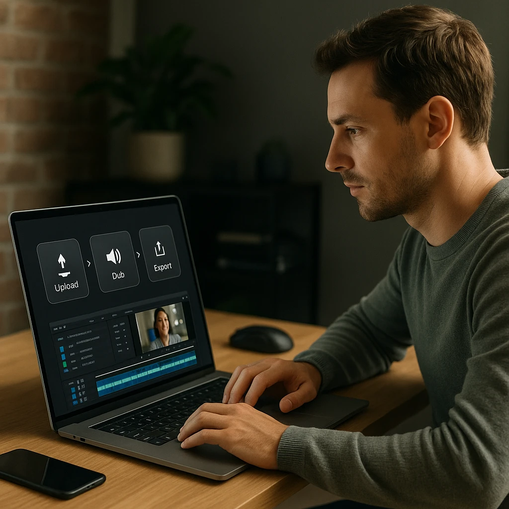 Video dubbing workflow showing the process from upload to final export