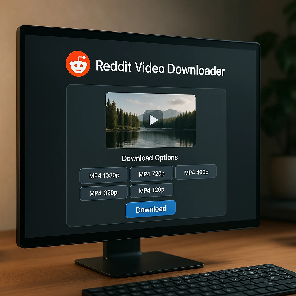Modern computer screen showing Reddit video downloader interface with multiple download options, quality settings, and video preview