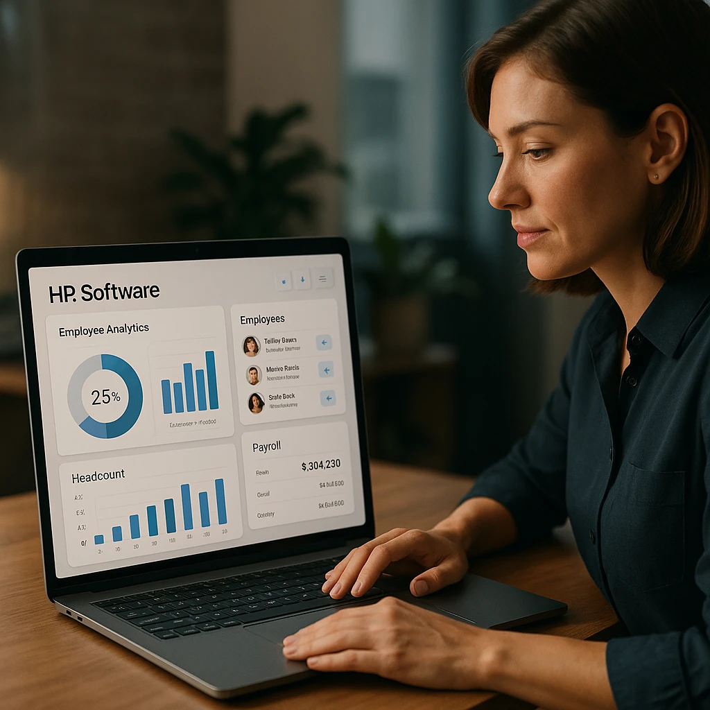 Modern HR software dashboard showing employee analytics and payroll data