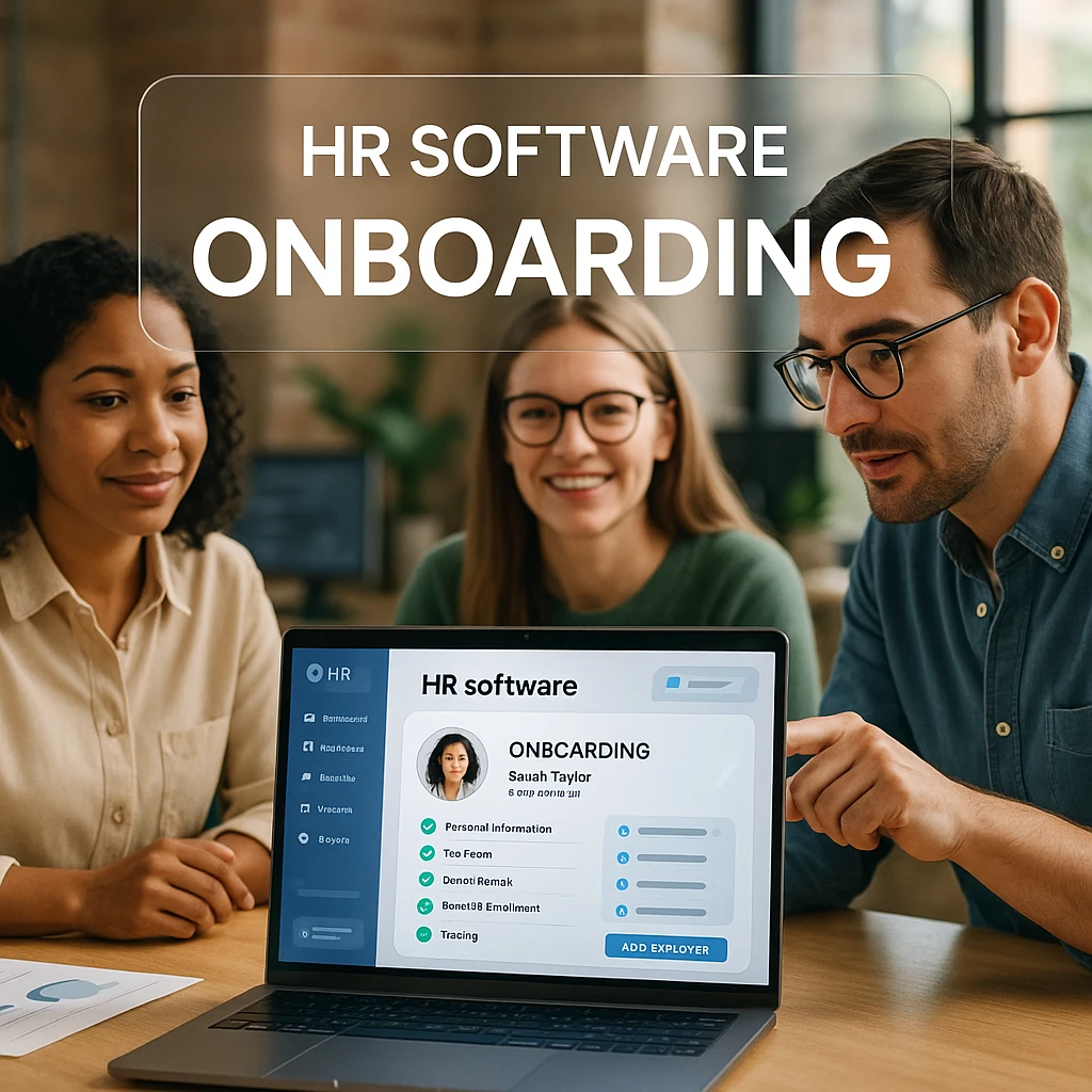 Small business team using HR software for onboarding new employees