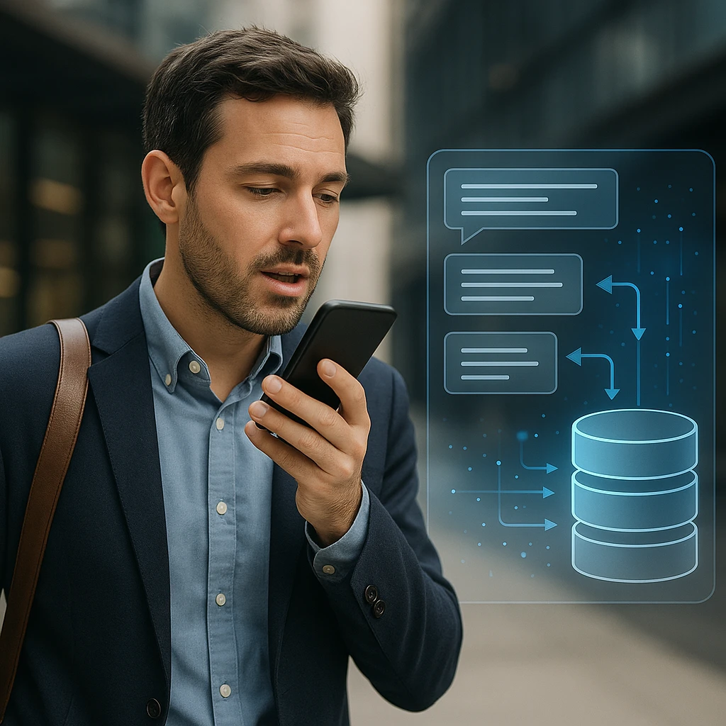 A professional uses one of the best note-taking apps for Android on their phone to record a voice note, with an AI visualization.