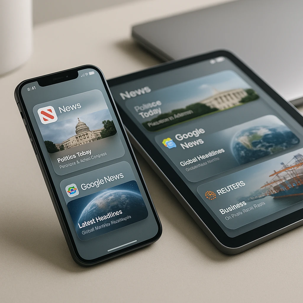 Modern smartphone and tablet displaying multiple news apps with clean, glassmorphic interface elements