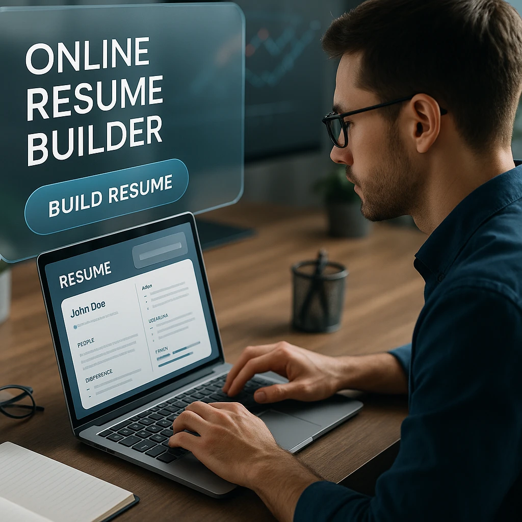 Professional using an online resume builder on laptop