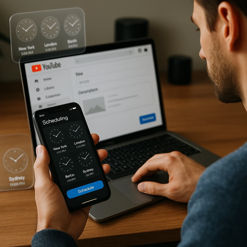 Content creator scheduling posts with mobile device showing time zones and YouTube interface