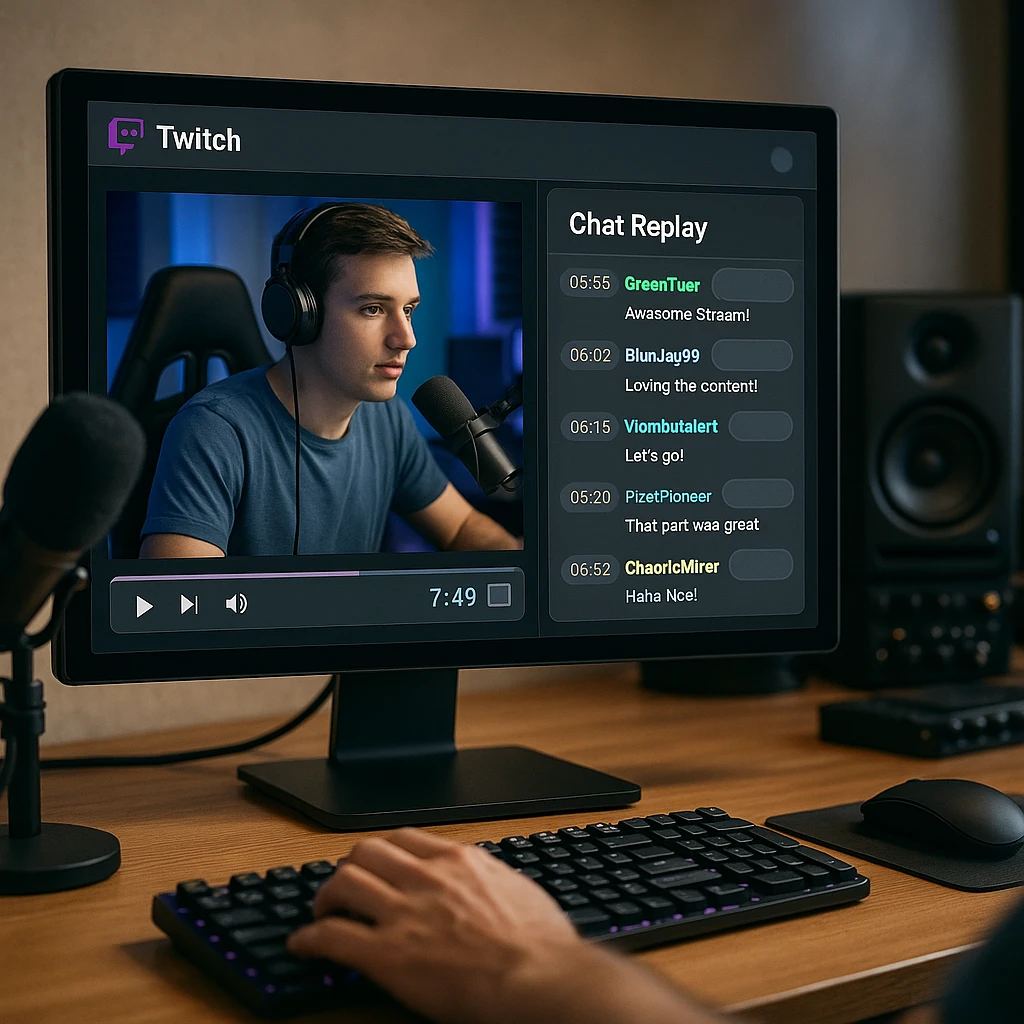Twitch chat replay interface showing synchronized video and chat messages for content archiving