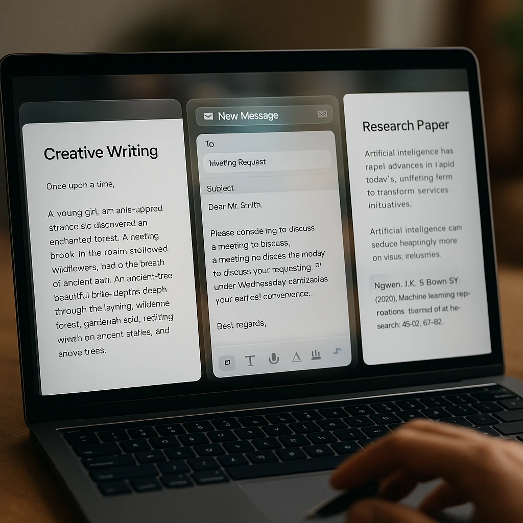 Professional split-screen showing a creative writing document, a business email interface, and a research paper with citations