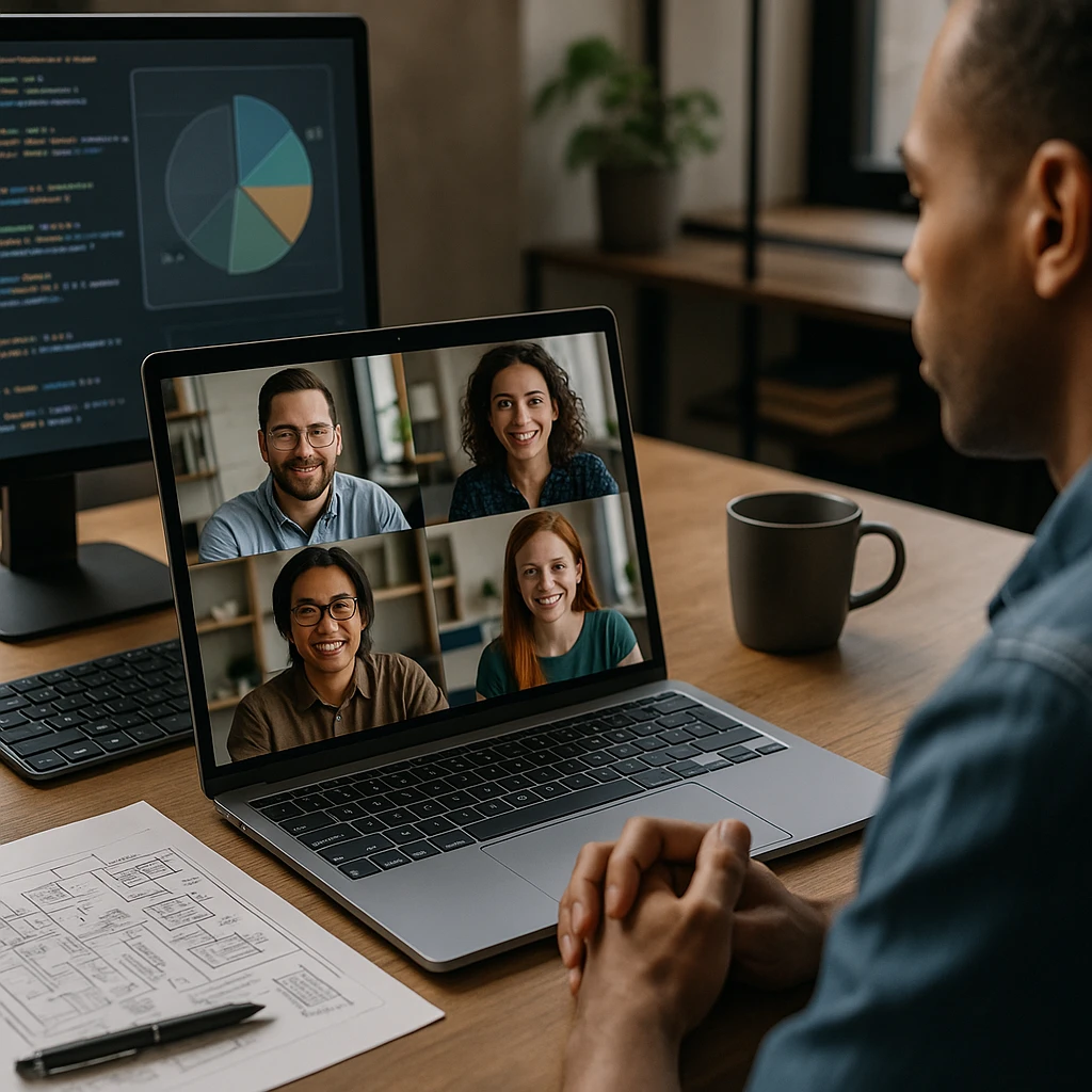 Remote video call with team members expressing joy and personality through creative check-in responses