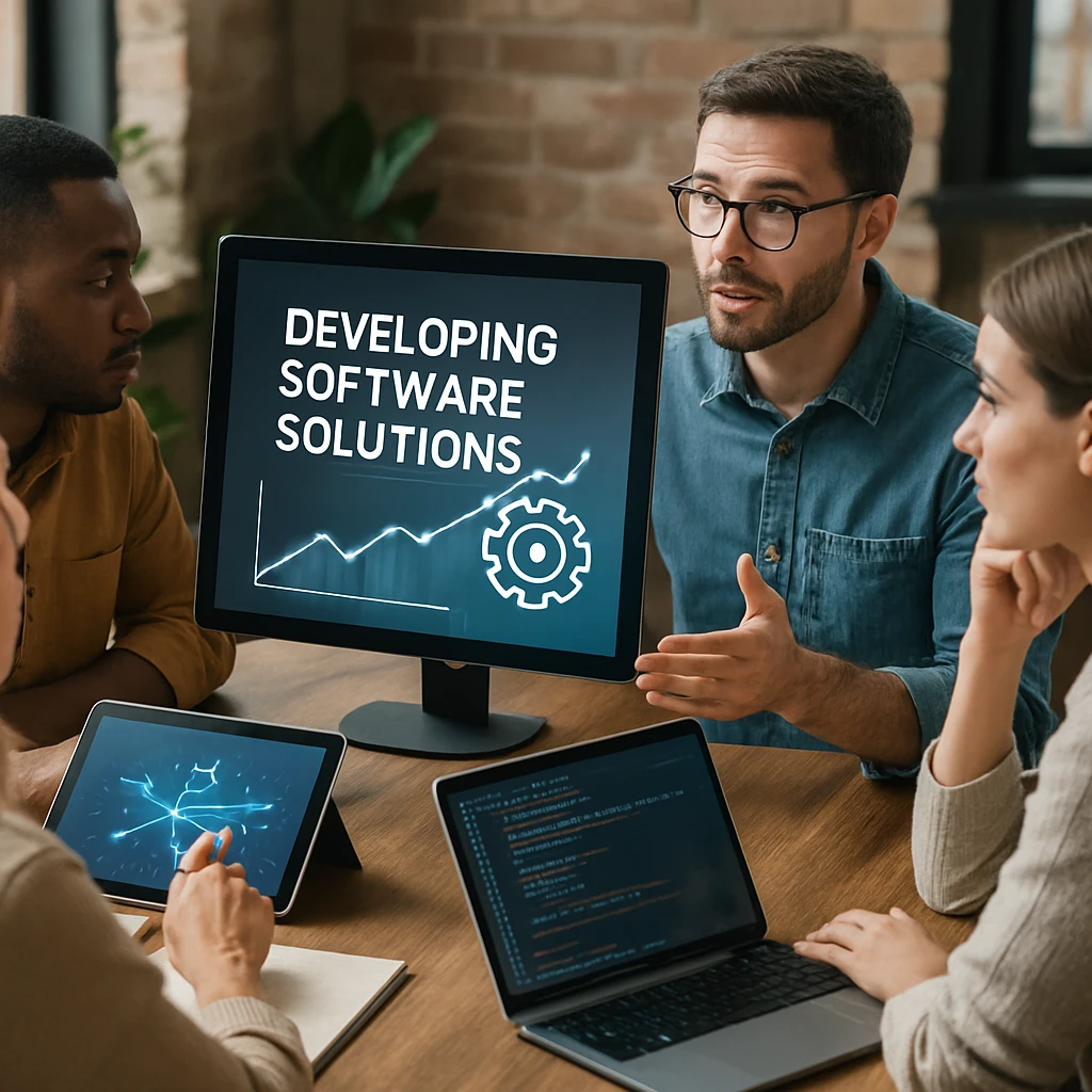 Professional team conducting a productive debrief meeting in modern conference room