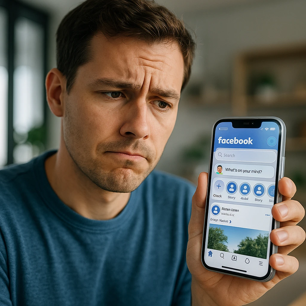 Person looking at their phone screen with a subtle questioning expression, holding an iPhone showing Facebook interface, soft natural lighting in modern setting