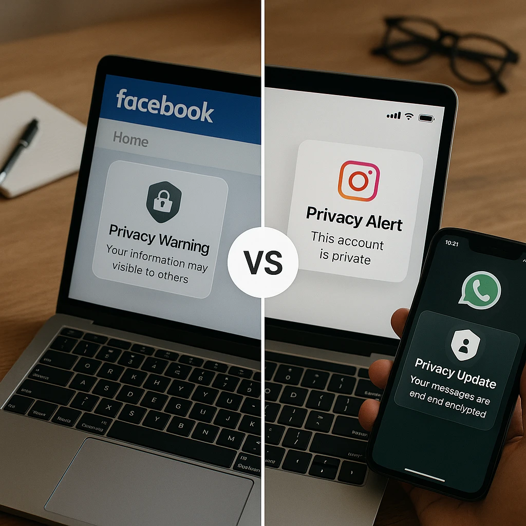 Split-screen comparison showing different social media apps with privacy notification icons, professional desk setup with multiple devices displaying Facebook, Instagram, WhatsApp interfaces