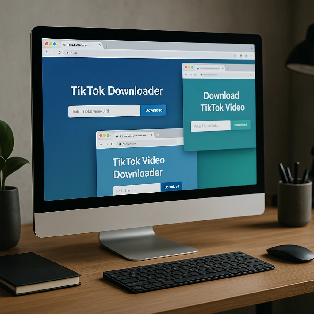 Professional desktop setup with multiple browser windows showing TikTok downloader websites, modern workspace aesthetic
