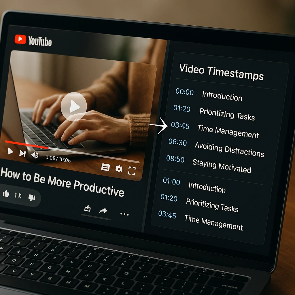 Split screen showing YouTube video on left with professional timestamps in description on right, demonstrating improved navigation