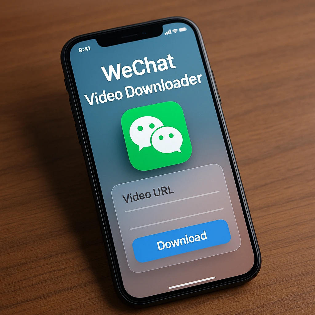WeChat video downloader interface showing mobile phone screen with WeChat app and download options, modern glassmorphic design, clean professional layout
