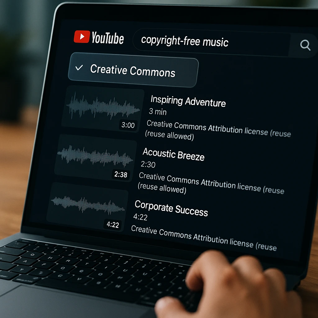 YouTube search interface showing Creative Commons filter and copyright-free music results with license information