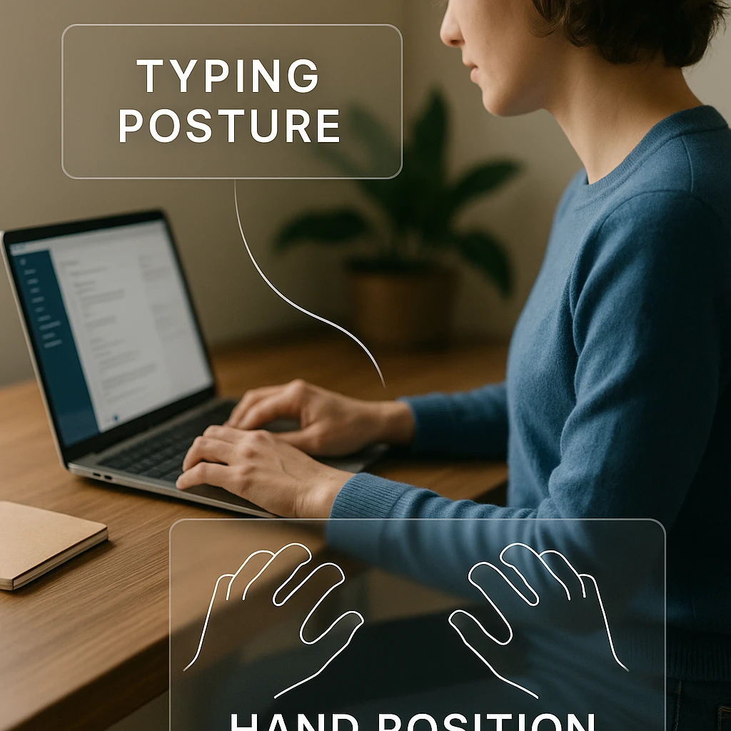 Proper typing posture and hand position demonstration