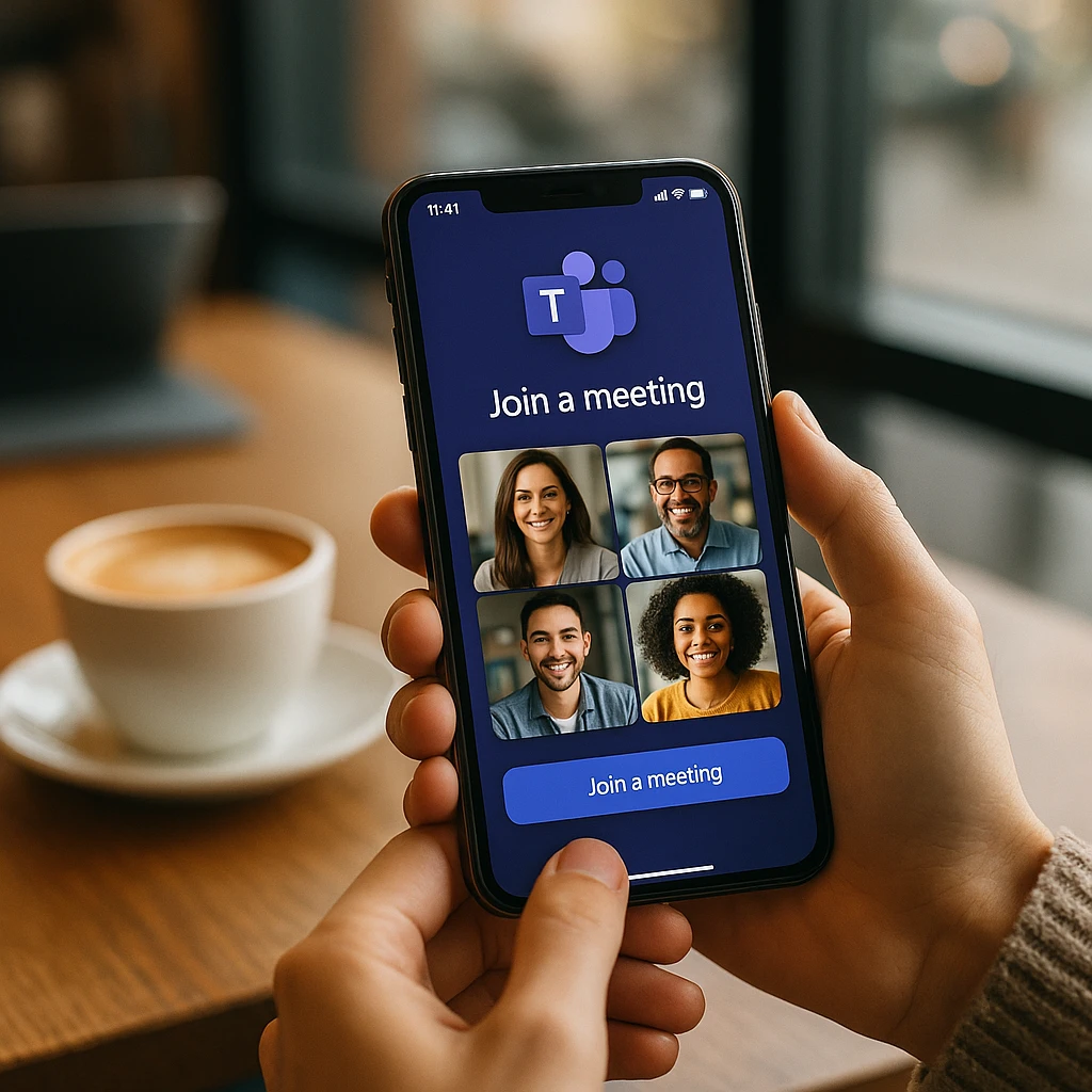 Person using their smartphone to join a Teams meeting while sitting in a coffee shop with the Teams mobile app visible on screen
