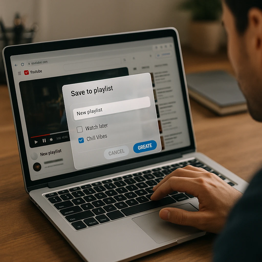 A user creating a new YouTube playlist on a computer, showing the 'Save to playlist' dialog box